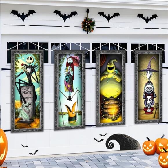 4 Packs Jack Sally Banners Porch Signs Halloween Decor Christmas Nightmare - Picture 1 of 7